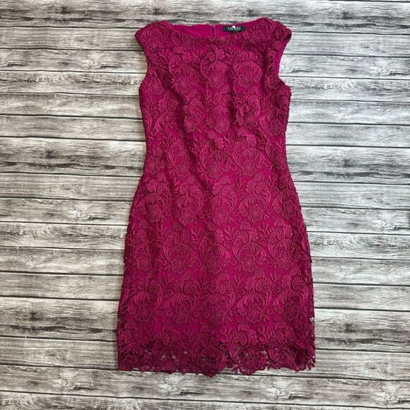 Lauren Ralph Lauren Women's Lace Overlay Mini Dress Berry Bright Fuchsia Pink 4 - Picture 13 of 14